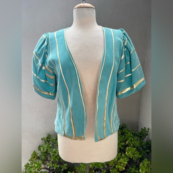 Vintage gorgeous teal suede gold silver painted jacket top belt XS Terry & Toni - Picture 10 of 13